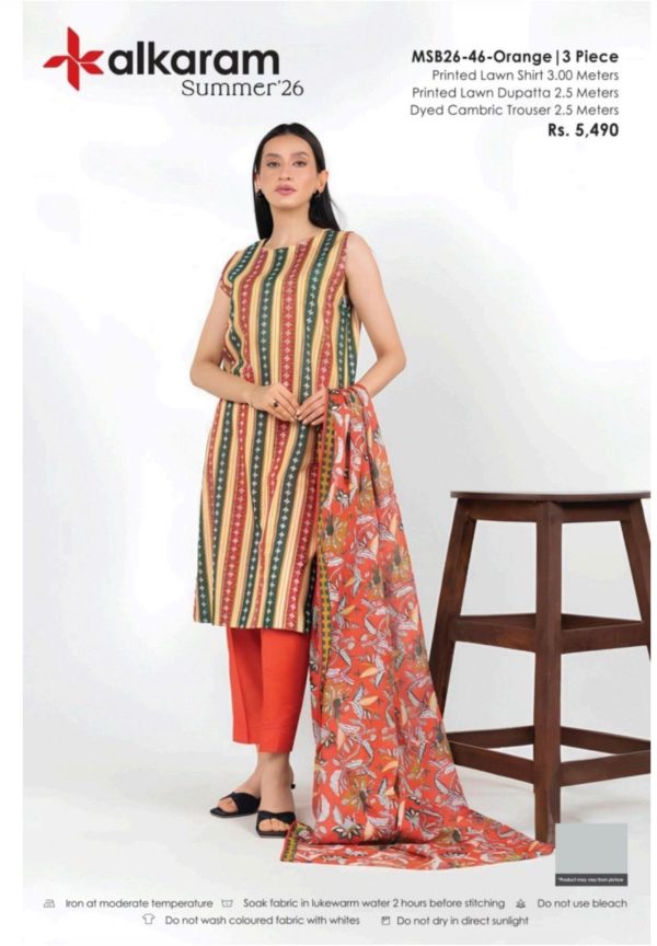 Alkaram Summer’26 – 3 PC PRINTED LAWN SUITE | MSB26-46 ORANGE