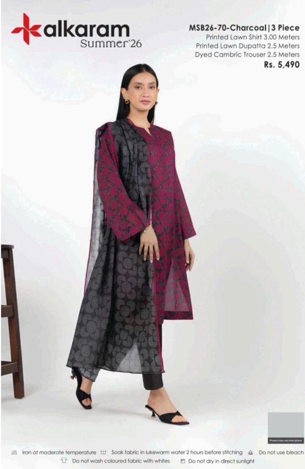 Alkaram Summer’26 – 3 PC PRINTED LAWN SUITE | MSB26-70 CHARCOL