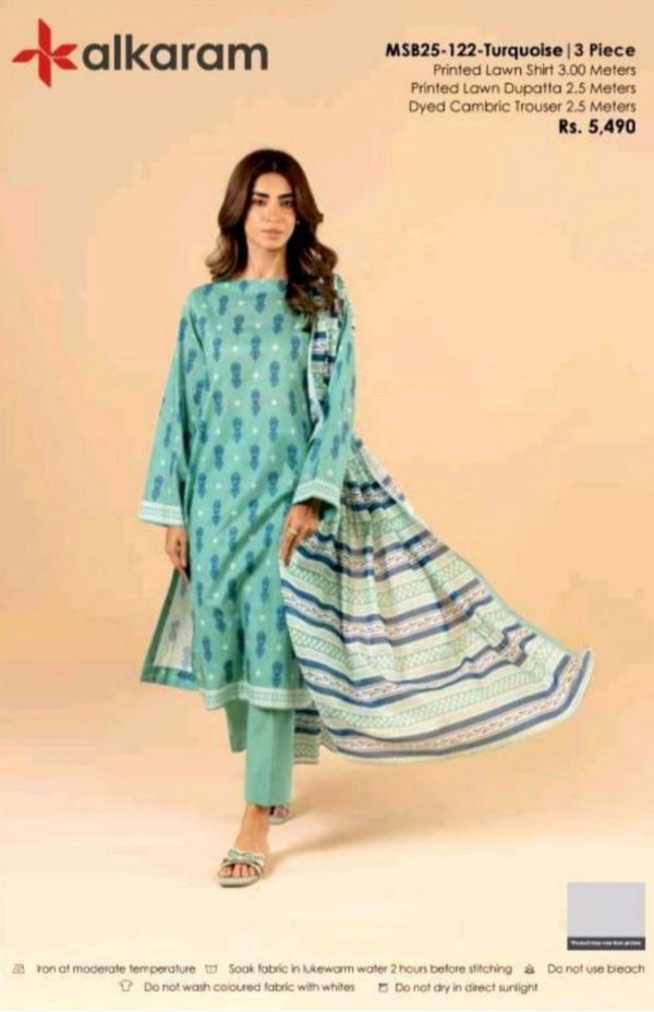Alkaram Summer– 3 PC PRINTED LAWN SUITE | MSB25-122 TURQUOISE