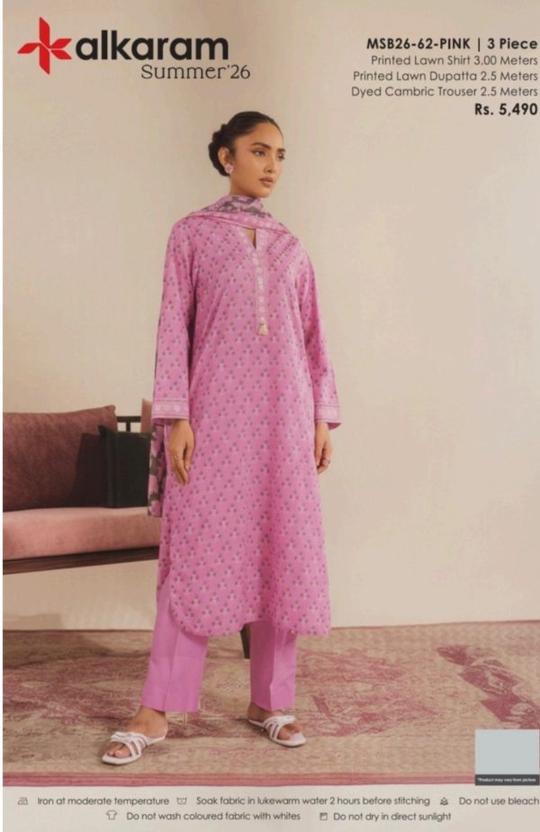 Alkaram Summer’26 – 3 PC PRINTED LAWN SUITE | MSB26-62 PINK