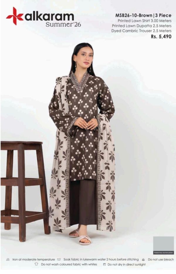 Alkaram Summer’26 – 3 PC PRINTED LAWN SUITE | MSB26-10 BROWN