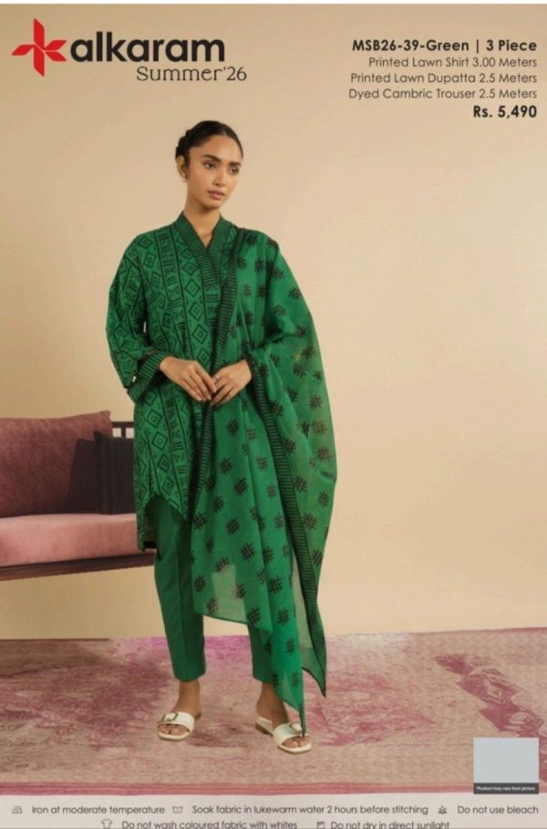 Alkaram Summer’26 – 3 PC PRINTED LAWN SUITE | MSB26-39 GREEN